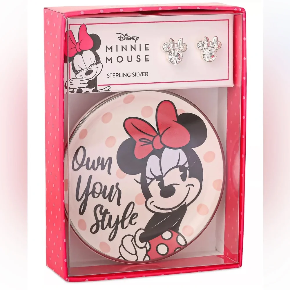 Minnie Mouse Clear Crystal Stud Earrings in Sterling Silver & Trinket Dish